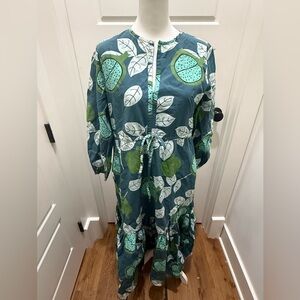 Olivia James The Label. Tiered Cotton Lydia Dress. Blue/Green Leaf Print. XS.
